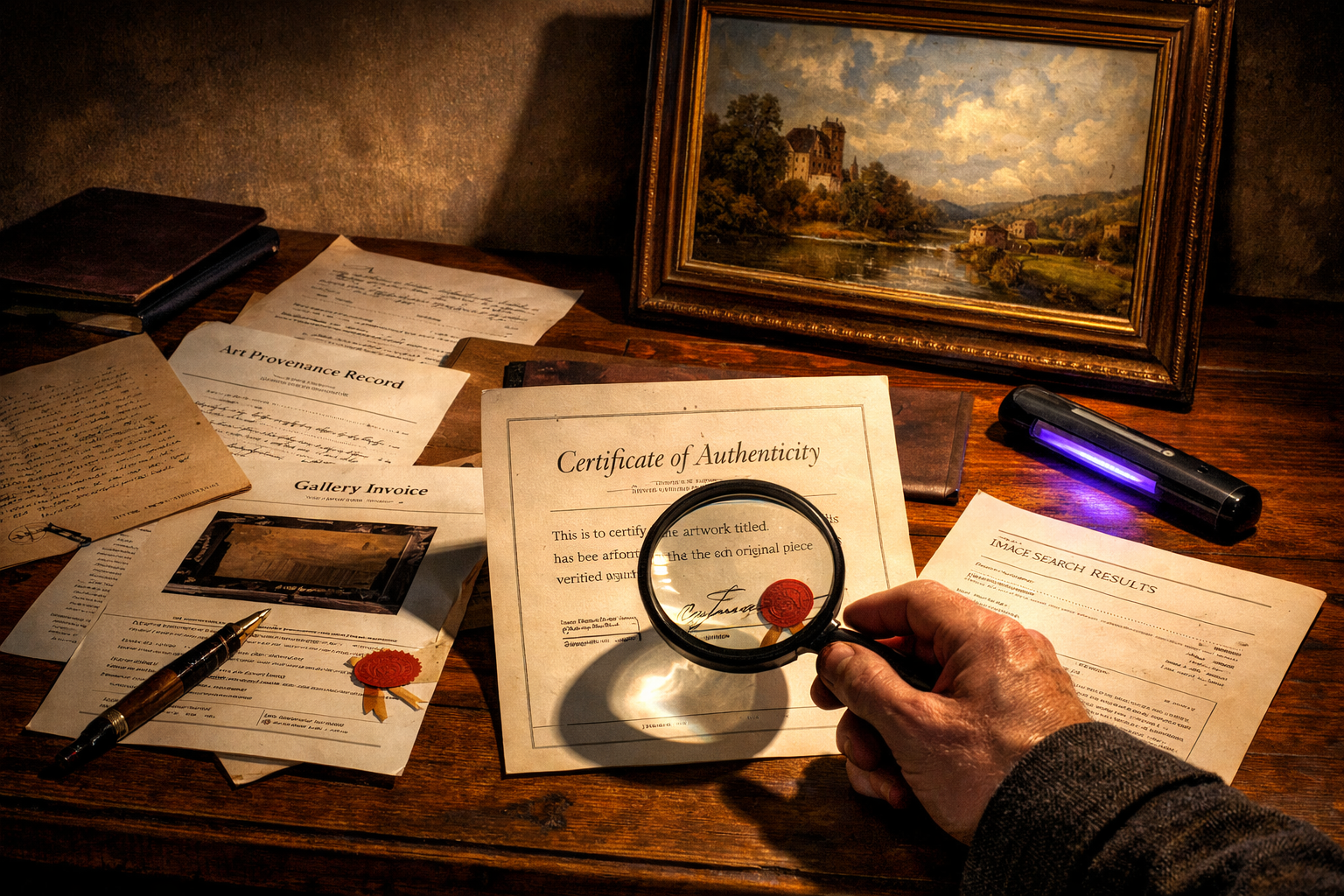 Stagnant UK Art Market Navigation: Evergreen Tactics for Art Buyers and Sellers in Uncertain Times 4 () atmospheric image of collector examining artwork authentication certificate under magnifying glass, with detailed