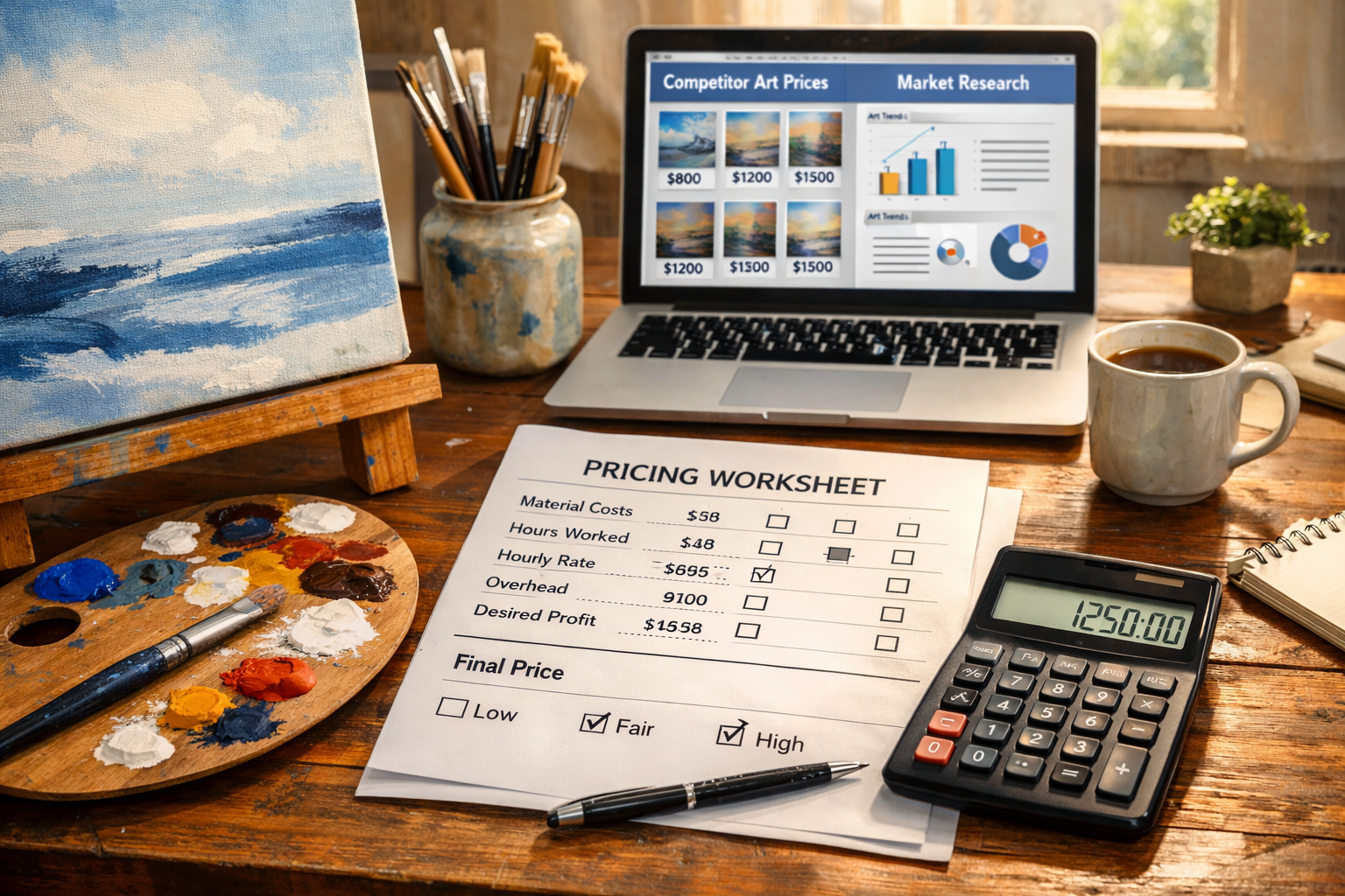 Stagnant UK Art Market Navigation: Evergreen Tactics for Art Buyers and Sellers in Uncertain Times 3 () conceptual image depicting pricing strategy for artists: foreground shows artist's workspace with canvas, paint palette,