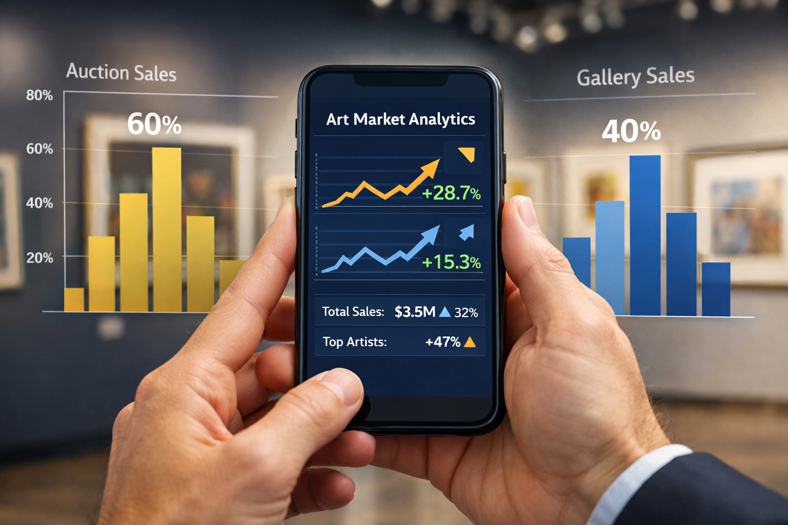 Stagnant UK Art Market Navigation: Evergreen Tactics for Art Buyers and Sellers in Uncertain Times 2 () editorial image showing close-up of hands holding smartphone displaying art sales analytics dashboard with rising trend